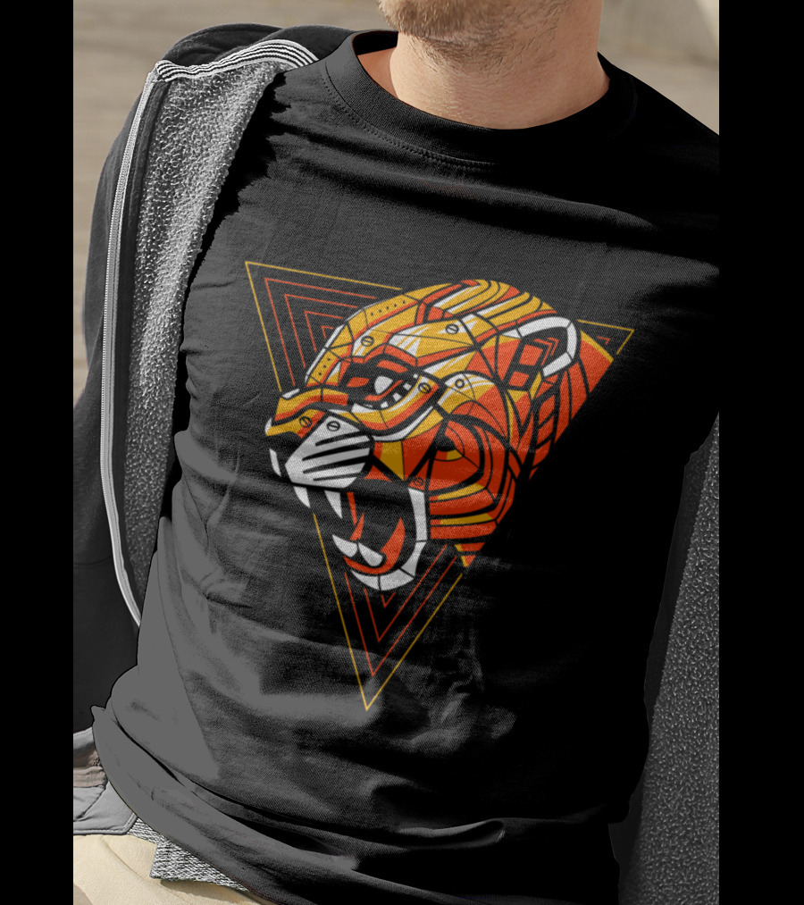 Leopard Punk Machine Geometric Triangle Roaring Face T-Shirt