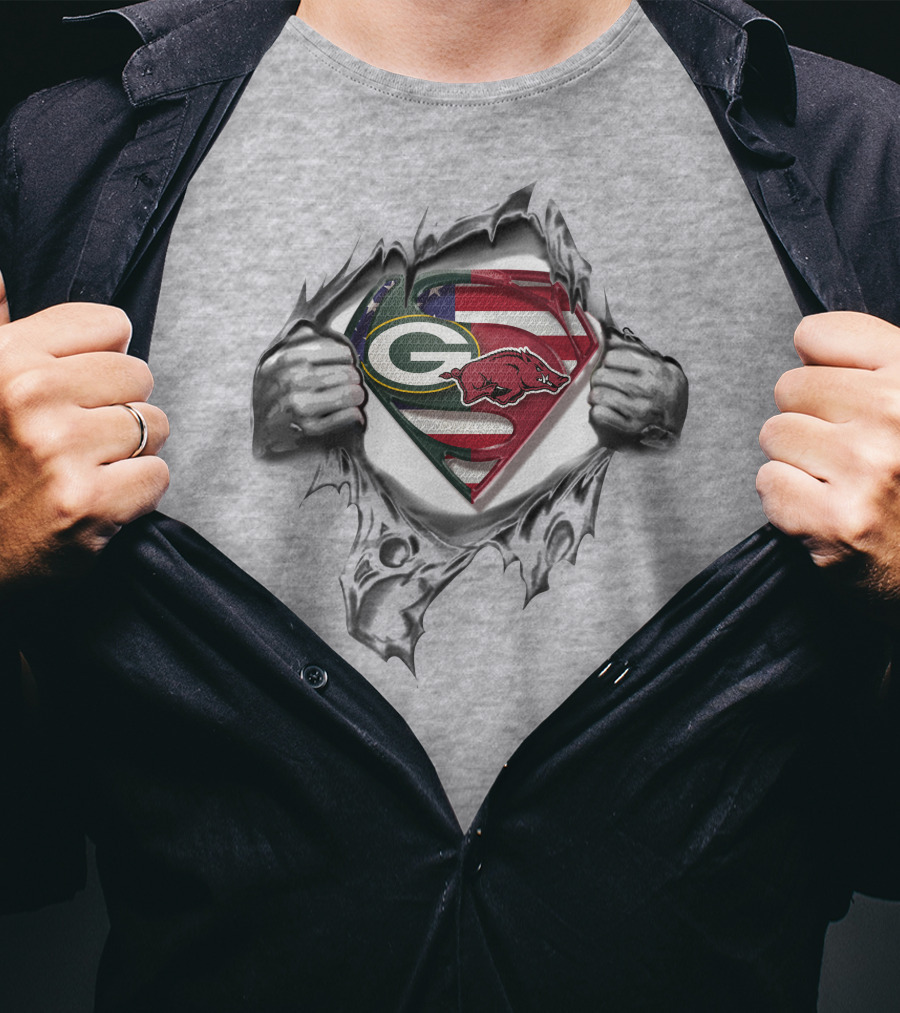 Green Bay Packers Arkansas Razorbacks Superman Logo American Flag Background T-Shirt