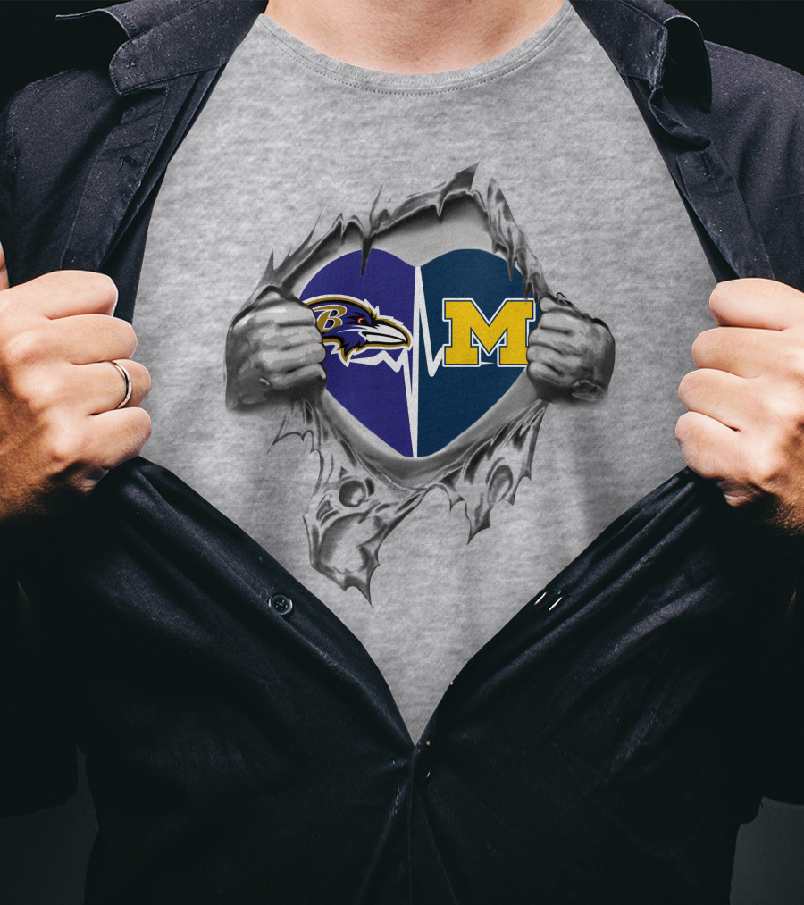 Michigan Wolverines Baltimore Ravens Heartbeat Collaboration T-Shirt