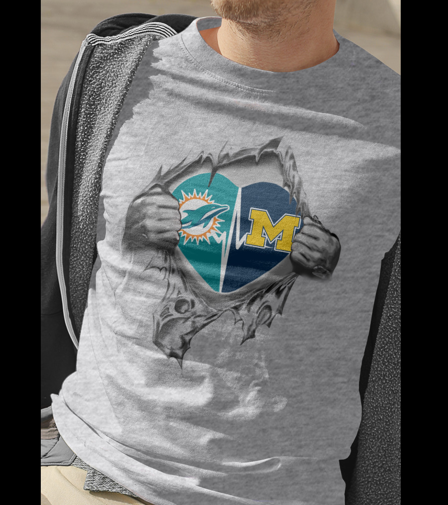 Michigan Wolverines Miami Dolphins Heart Tear T-Shirt