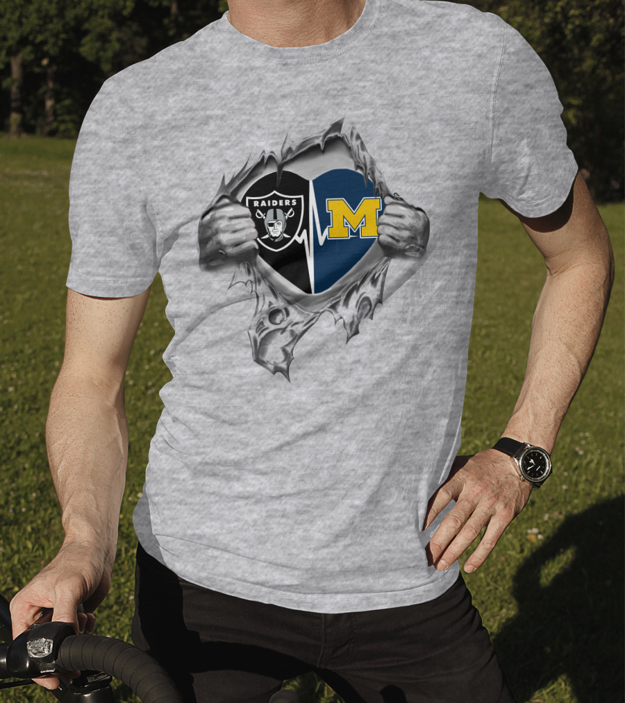 Raiders Michigan Wolverines Heartbeat Football Fan Fusion T-Shirt