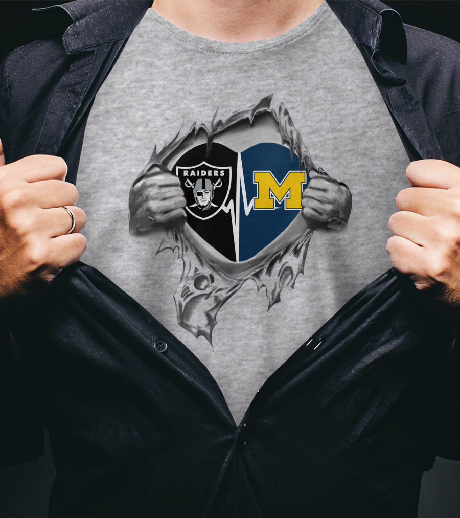 Raiders Michigan Wolverines Heartbeat Football Fan Fusion T-Shirt