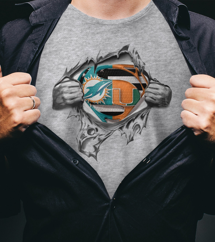 Miami Dolphins Hurricanes Superman Logo Tear Open T-Shirt