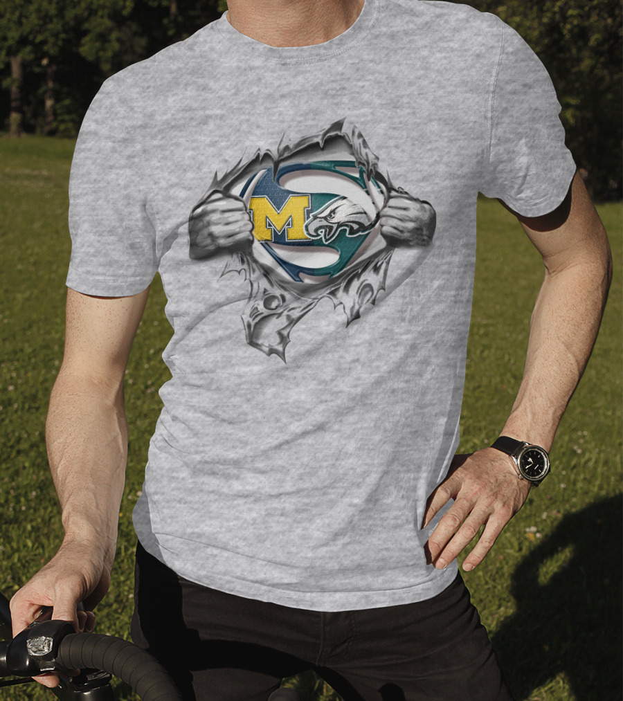 Eagles Wolverines Super Man Logo Mashup With Iconic Symbols T-Shirt