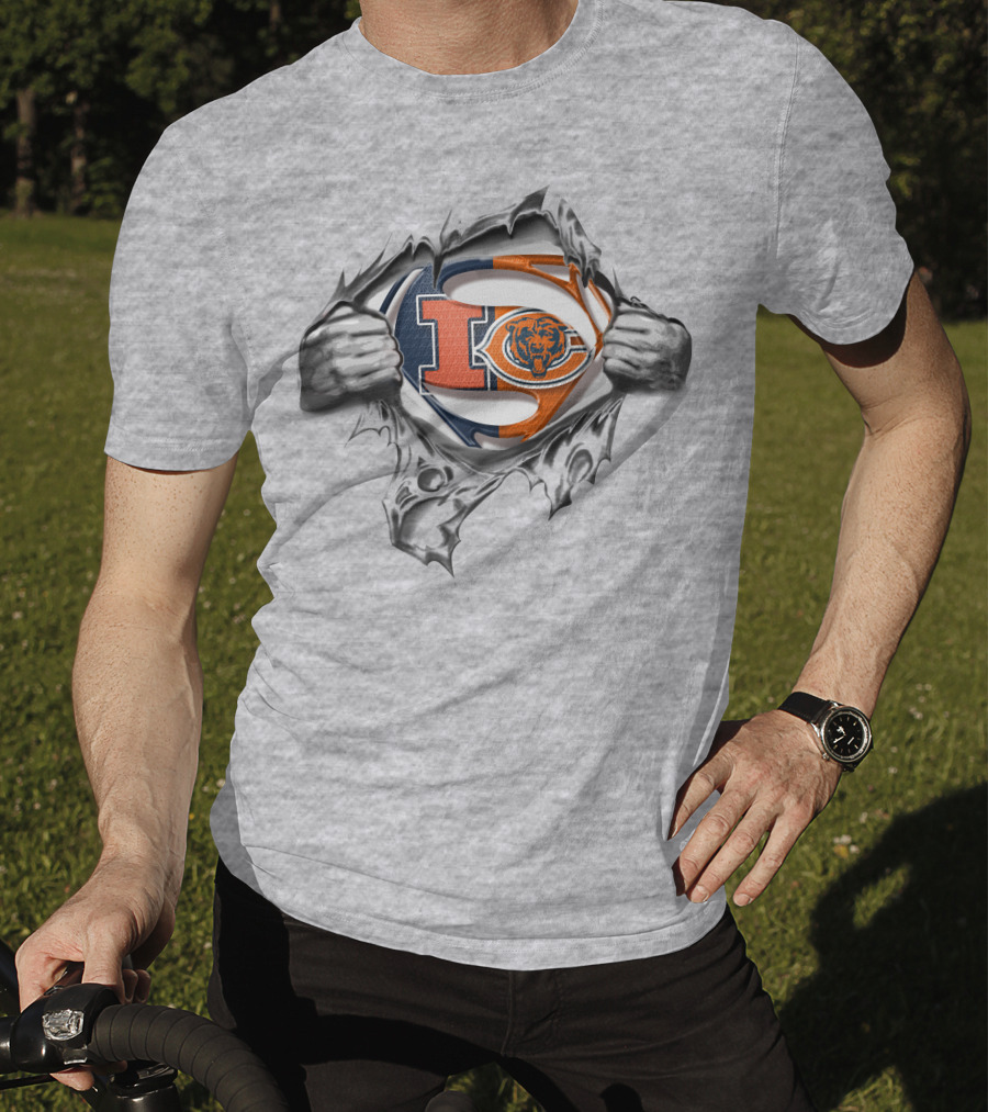 ILLINOIS Bears Super Man Logo Ripped Chest T-Shirt