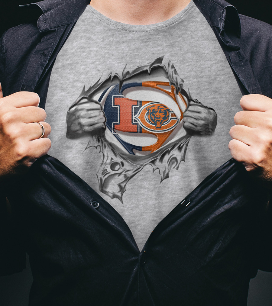 ILLINOIS Bears Super Man Logo Ripped Chest T-Shirt