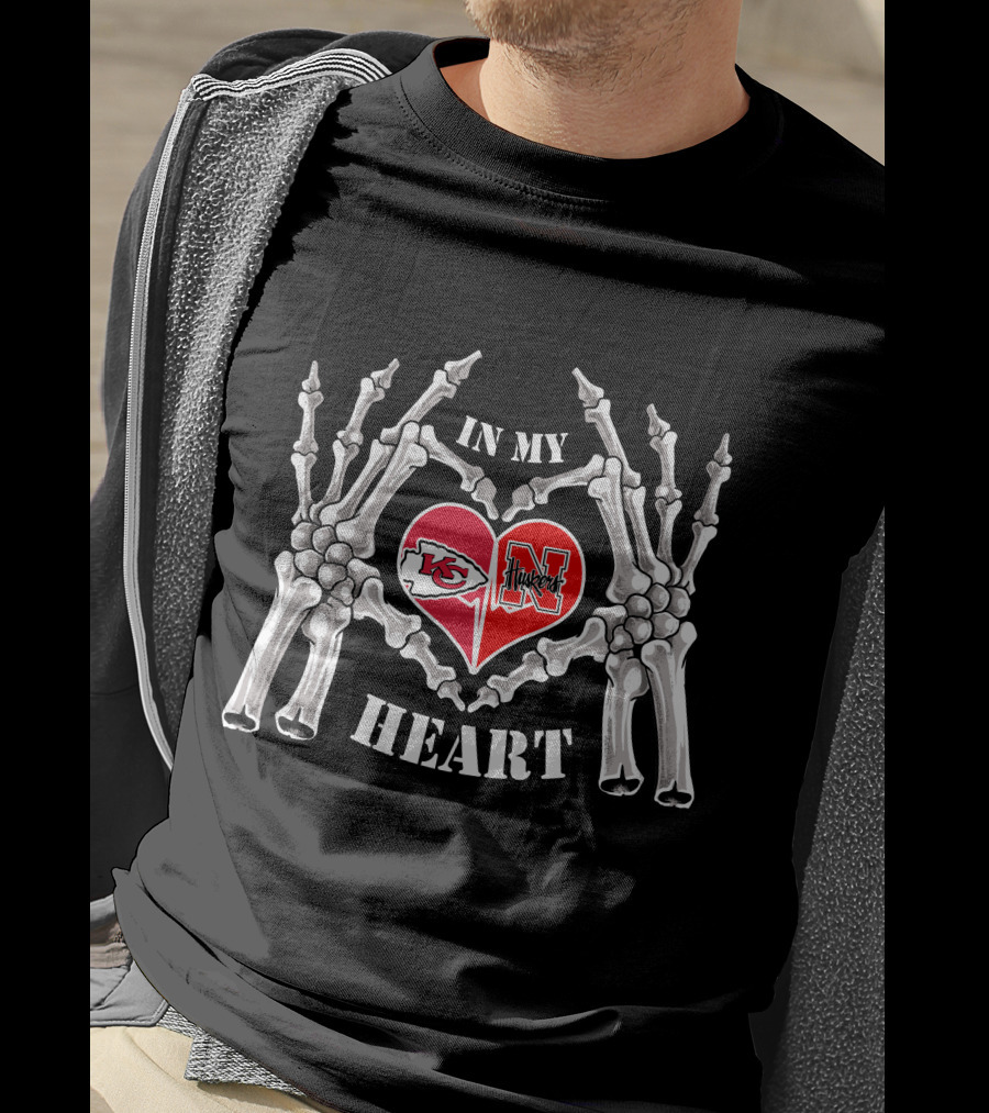 In My Heart Kansas City Chiefs Nebraska Cornhuskers Skeleton Heart T-Shirt