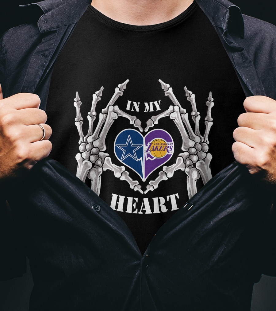In My Heart Dallas Cowboys Los Angeles Lakers Skeleton Hands Iconic Logos T-Shirt