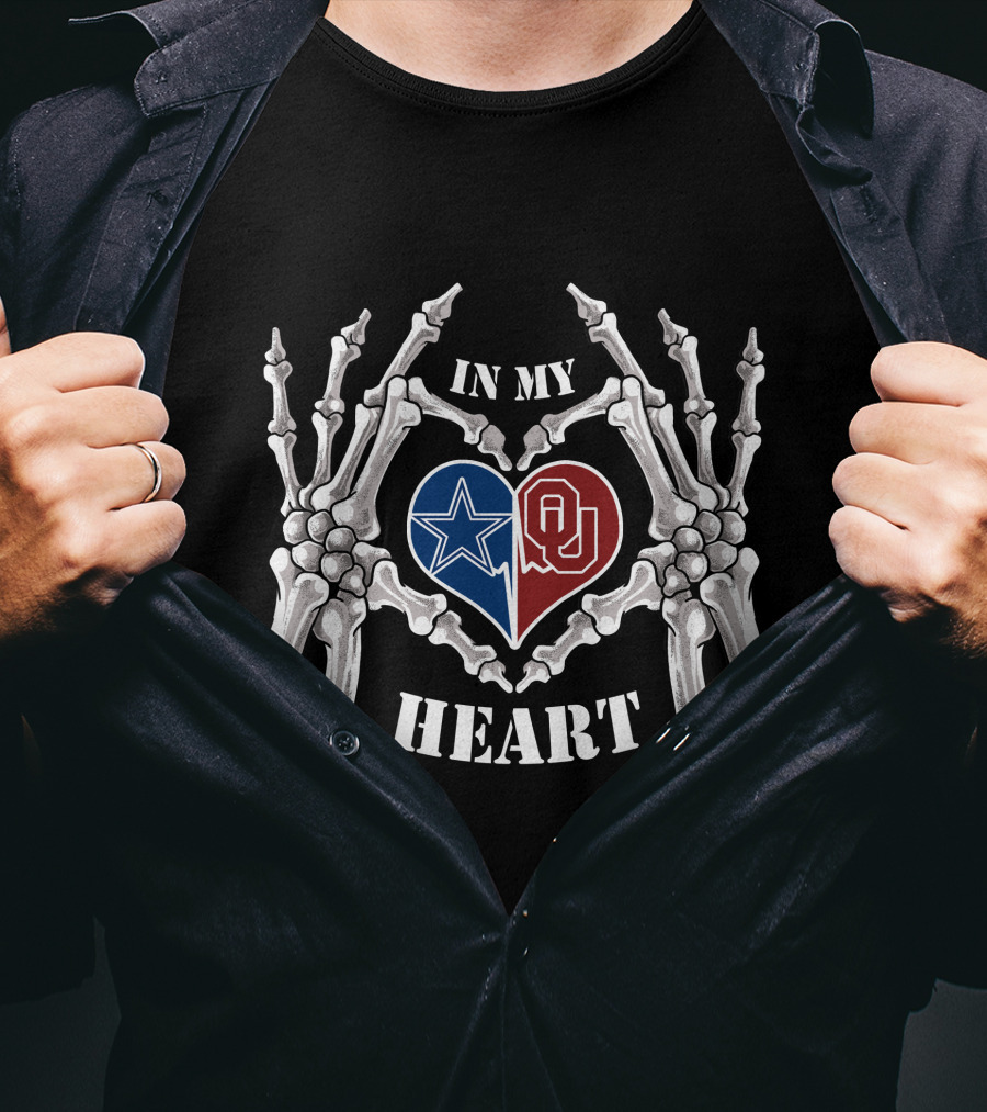 In My Heart Cowboys Sooners OU Logos Skeleton Hands T-Shirt
