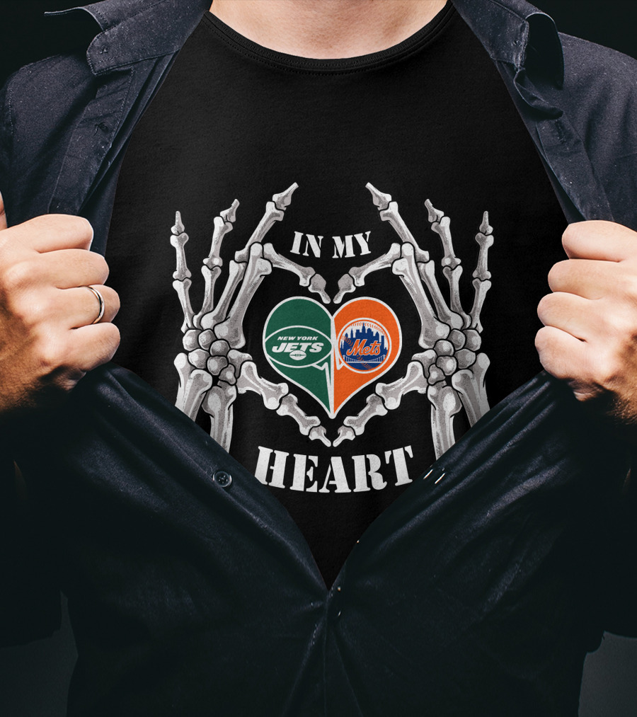 In My Heart New York Jets Mets Skeleton Hands T-Shirt