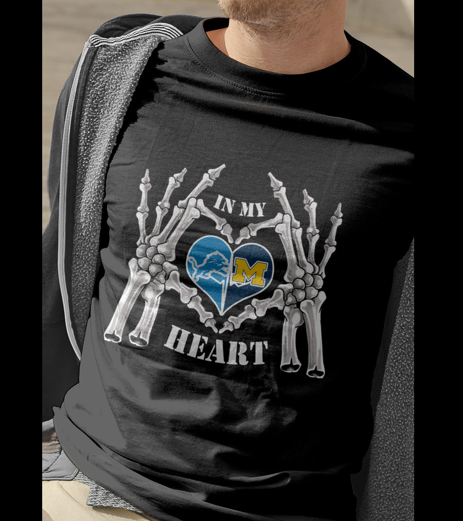 In My Heart Lions Wolverines M Logo Skeleton Hands T-Shirt