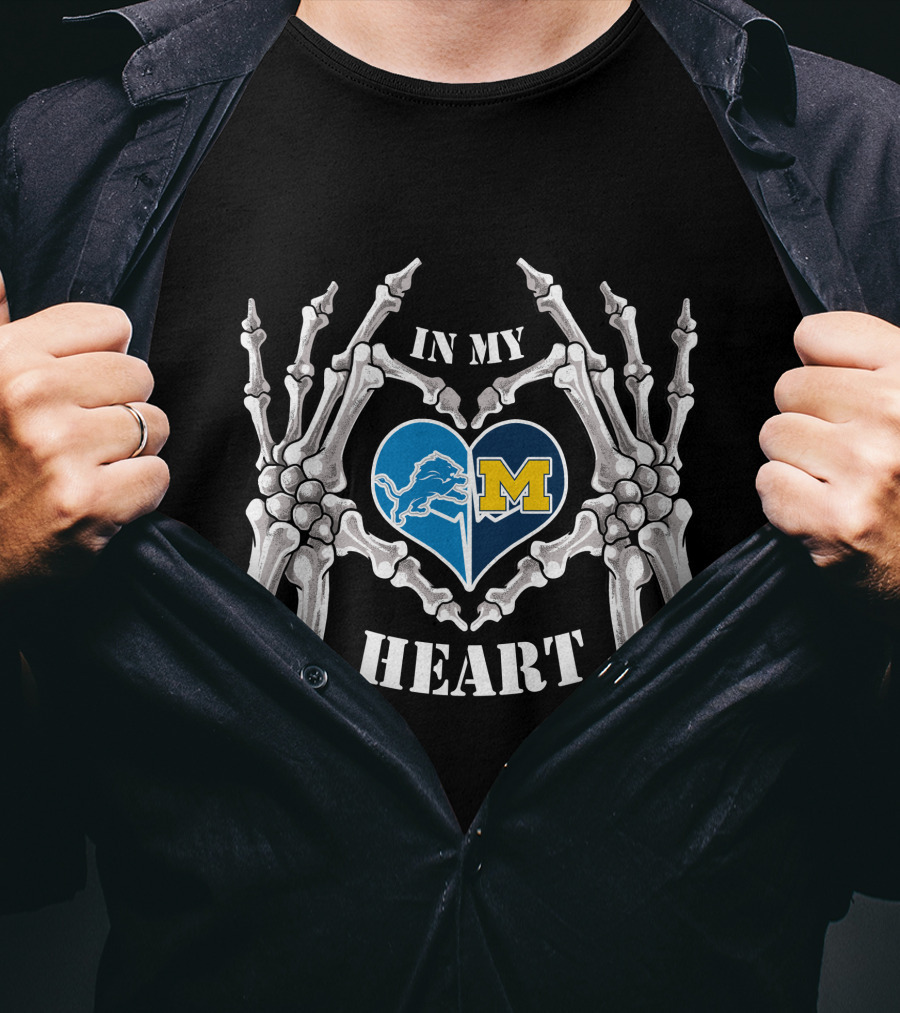 In My Heart Lions Wolverines M Logo Skeleton Hands T-Shirt