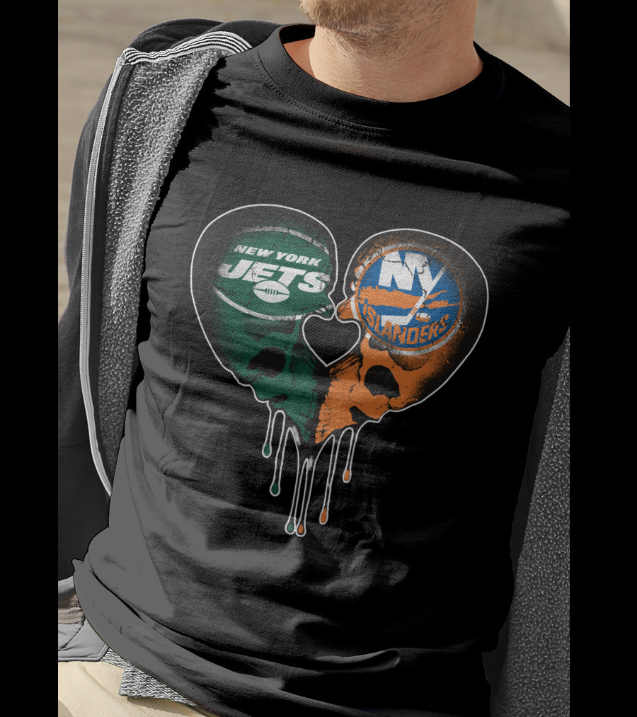 New York Jets NY Islanders Skull Heart Drip T-Shirt