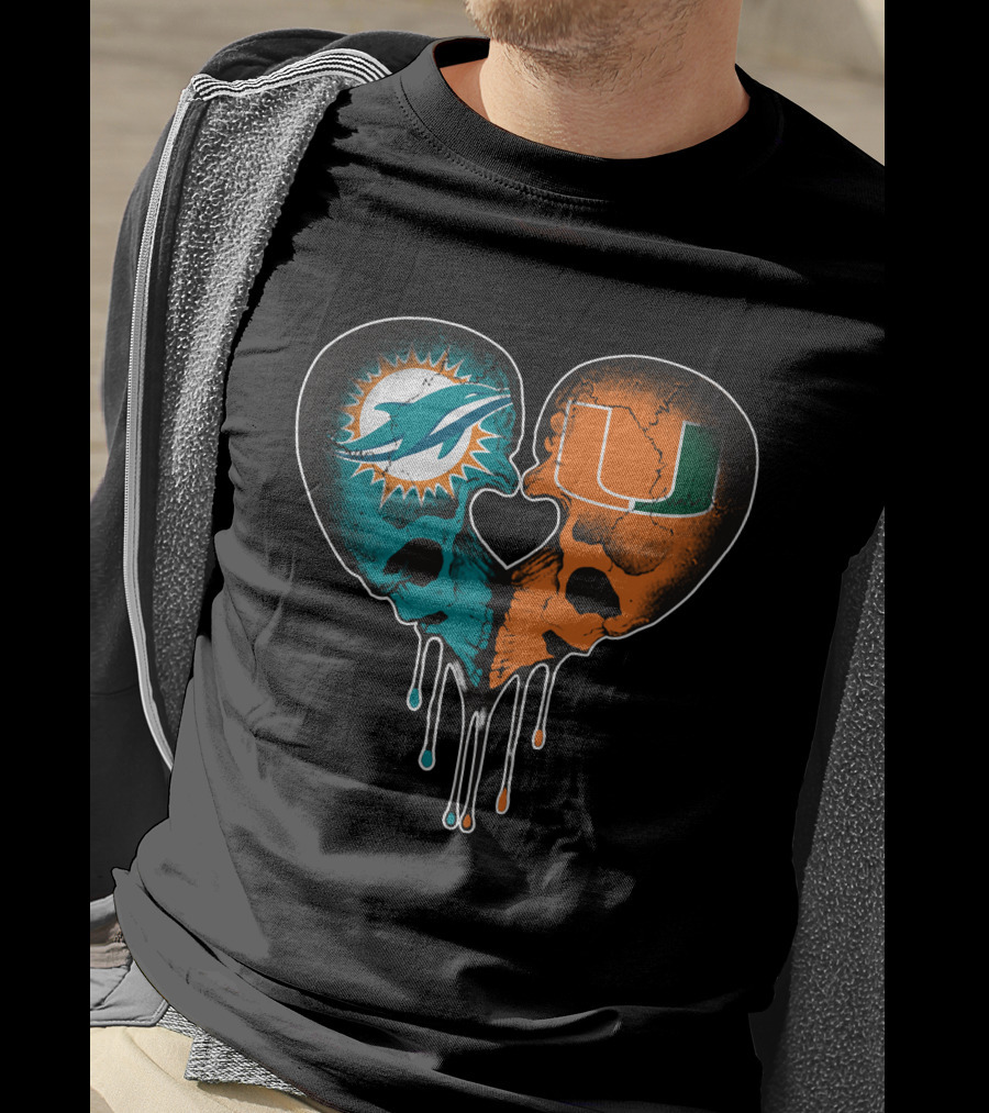 Miami Dolphins Hurricanes Love Heart Skull T-Shirt