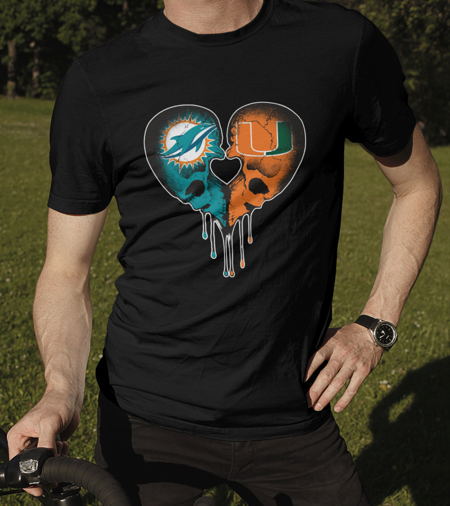 Miami Dolphins Hurricanes Love Heart Skull T-Shirt