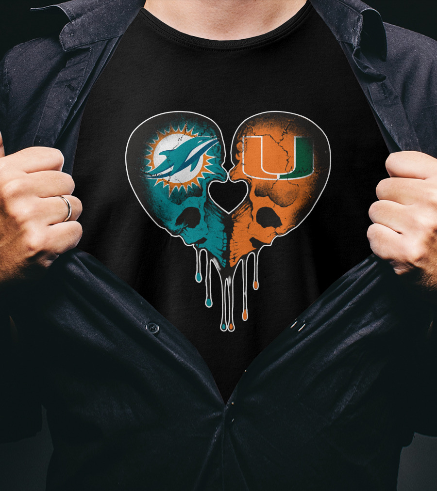 Miami Dolphins Hurricanes Love Heart Skull T-Shirt