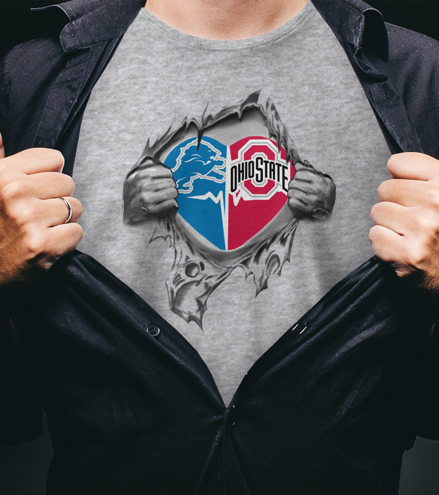 Detroit Lions Ohio State Buckeyes Heart Symbol With Rip Effect T-Shirt