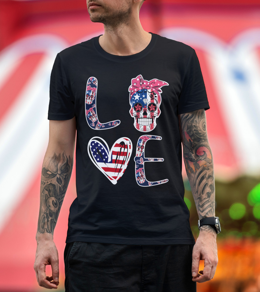 Skull Love American Flag Patriotic Bandana T-Shirt