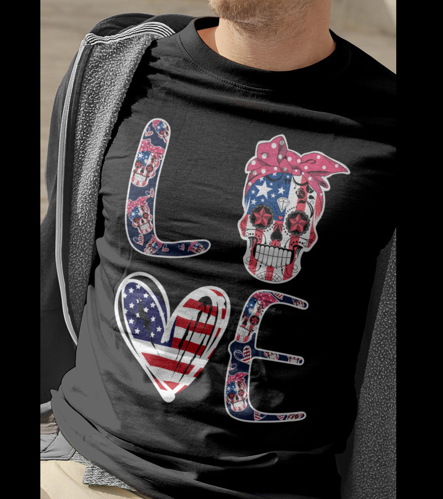 Skull Love American Flag Patriotic Bandana T-Shirt