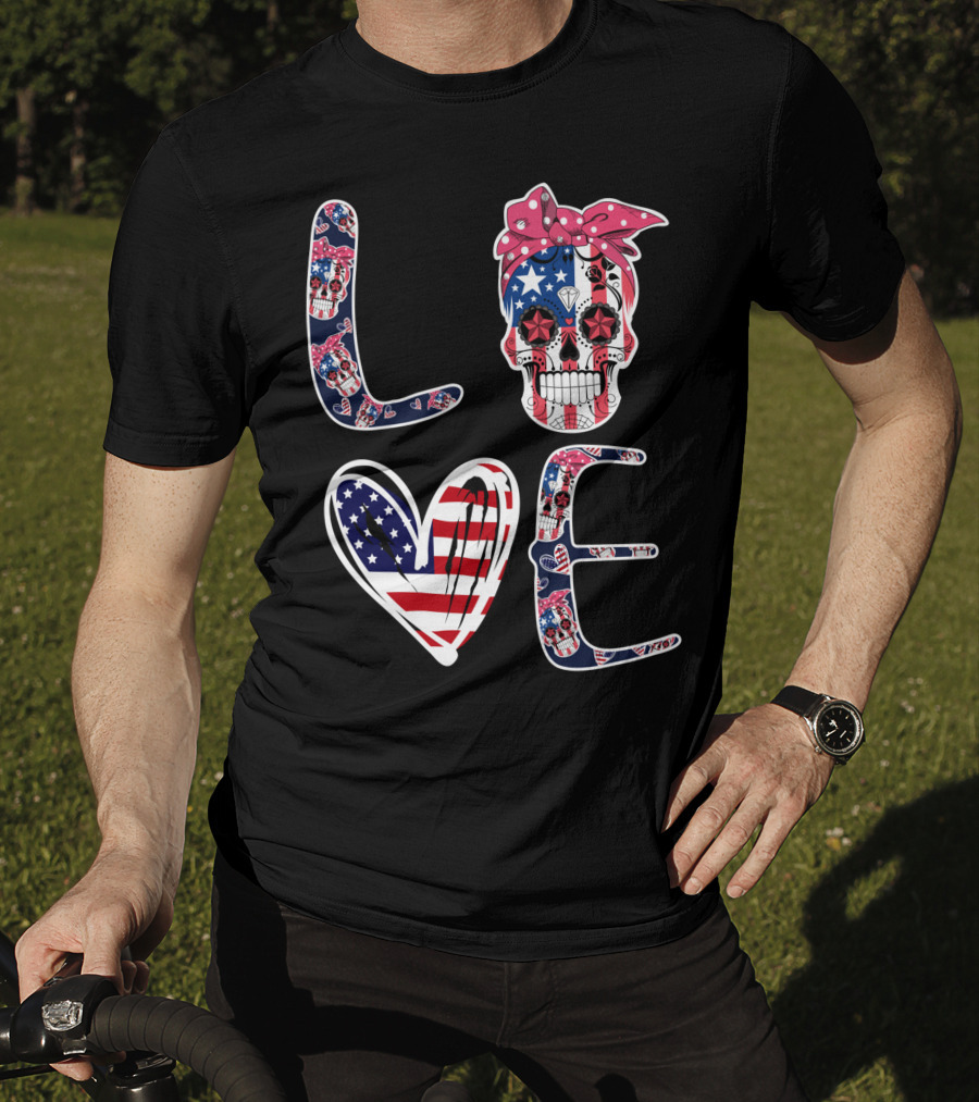 Skull Love American Flag Patriotic Bandana T-Shirt
