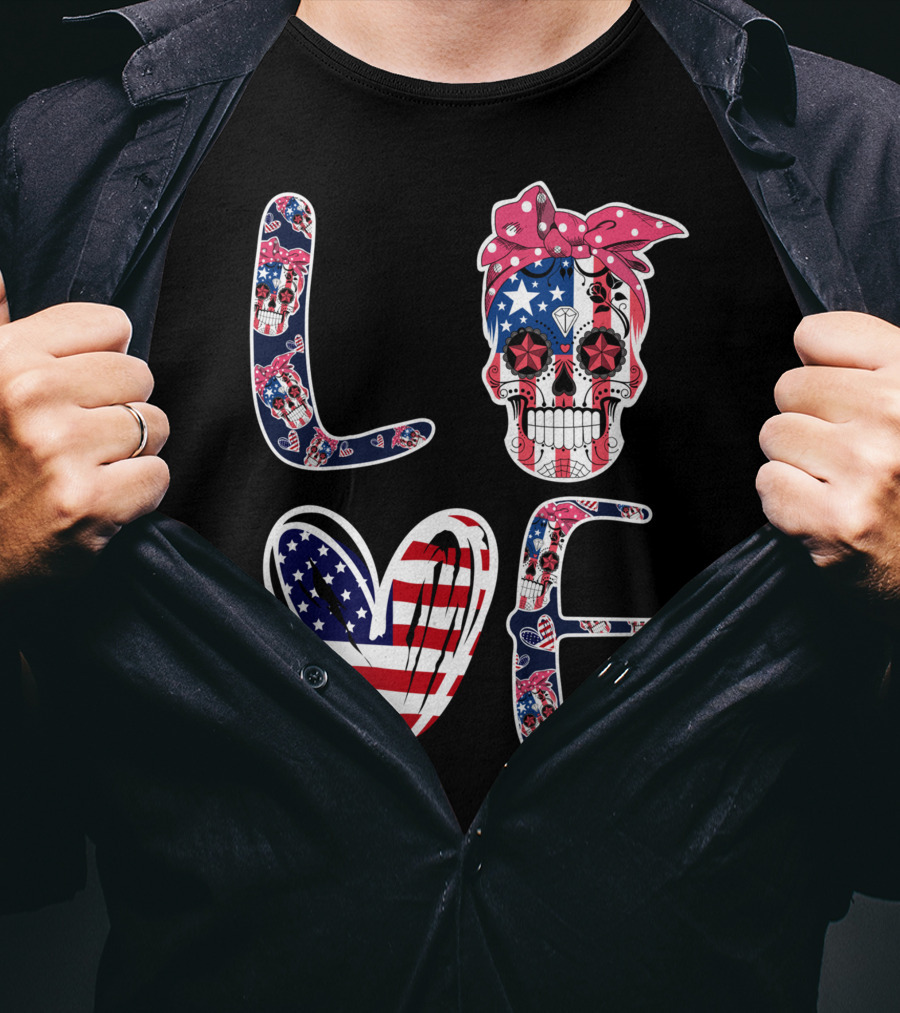 Skull Love American Flag Patriotic Bandana T-Shirt