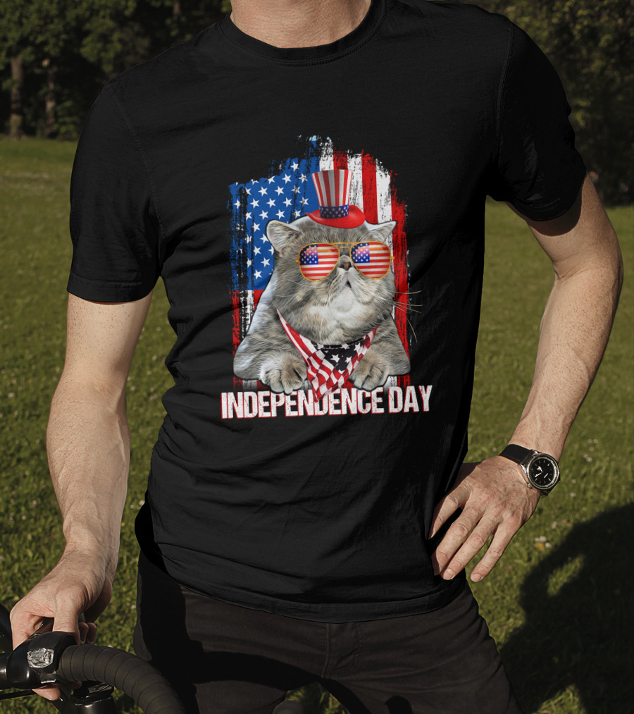 Independence Day Cat With American Flag Glasses And Top Hat T-Shirt