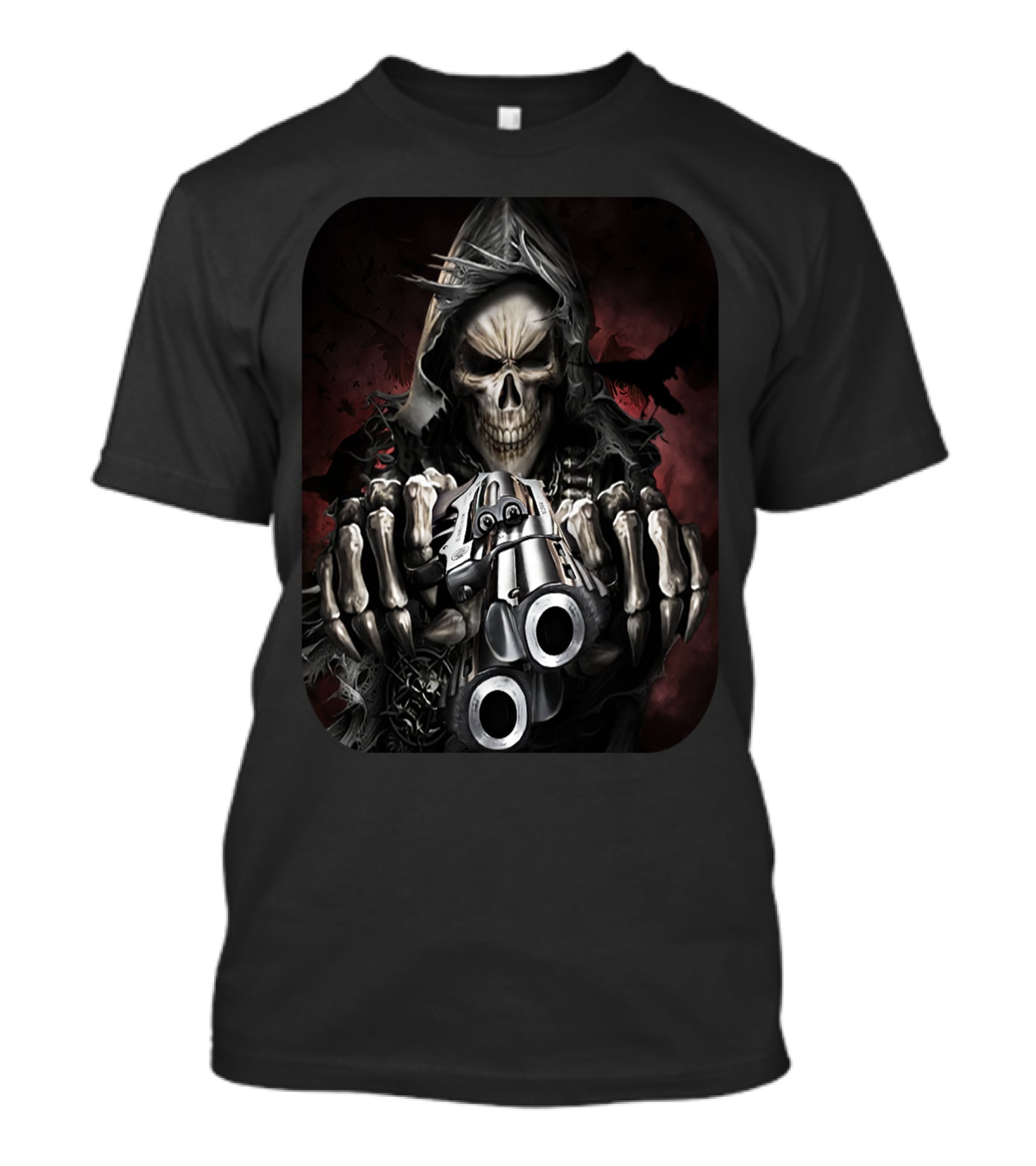 Reaper Skull Hooded Cloaked Figure With Dual Guns T-Shirt