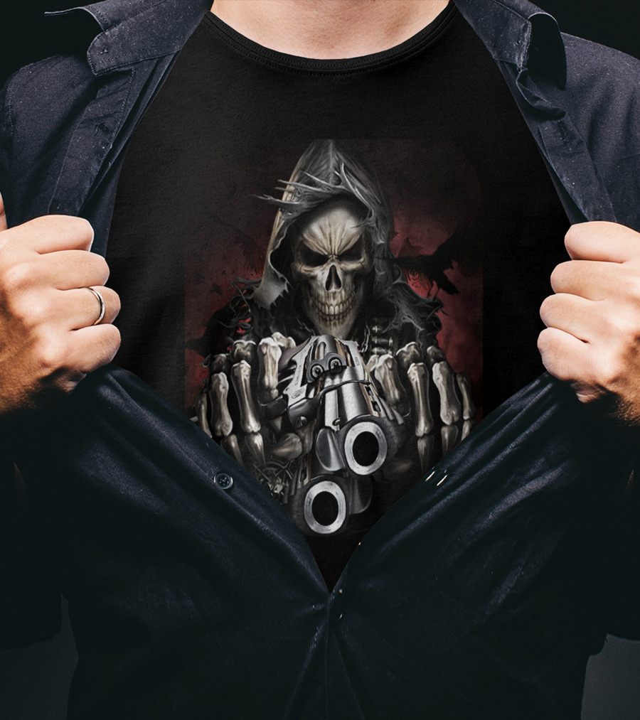 Reaper Skull Hooded Cloaked Figure With Dual Guns T-Shirt