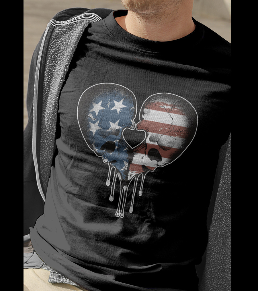 American Skulls Love Heart Stars And Stripes T-Shirt