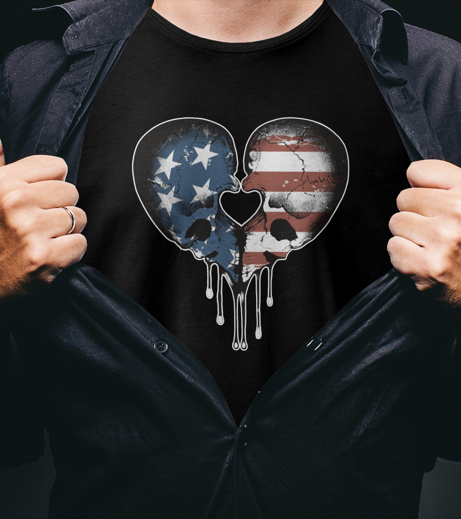 American Skulls Love Heart Stars And Stripes T-Shirt