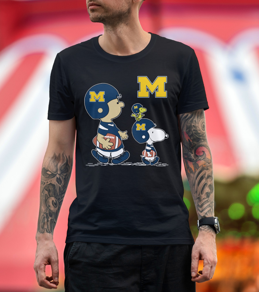 Michigan Wolverines Peanuts Football Characters With Iconic Block M T-Shirt