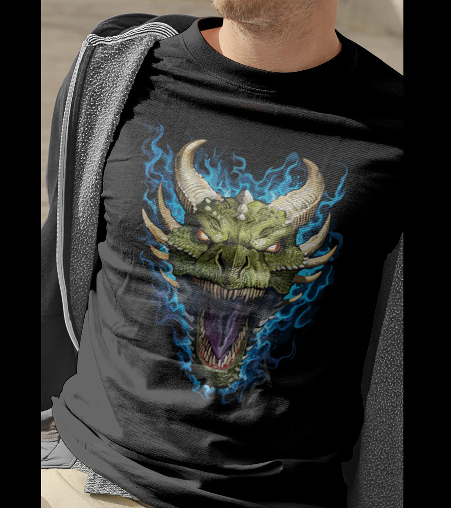 Green Dragon With Blue Flames And Horned Head T-Shirt