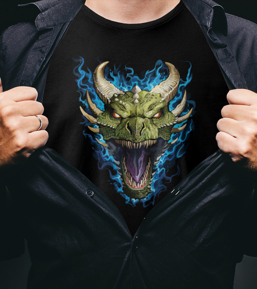 Green Dragon With Blue Flames And Horned Head T-Shirt