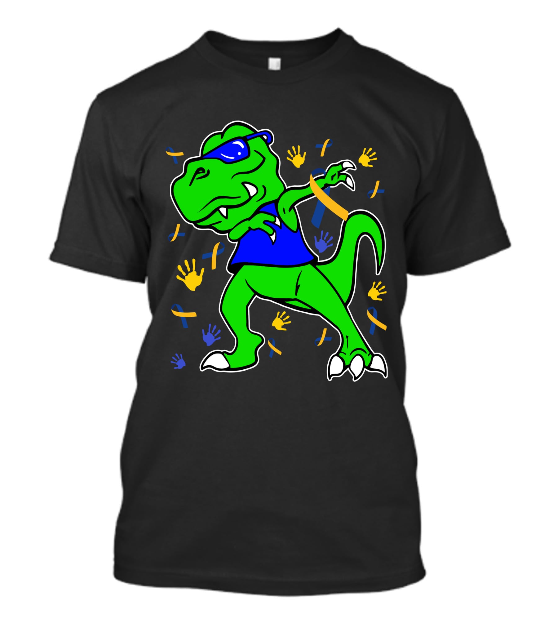 Dabbing Dinosaur With Sunglasses And Autism Awareness Ribbons And Handprints T-Shirt