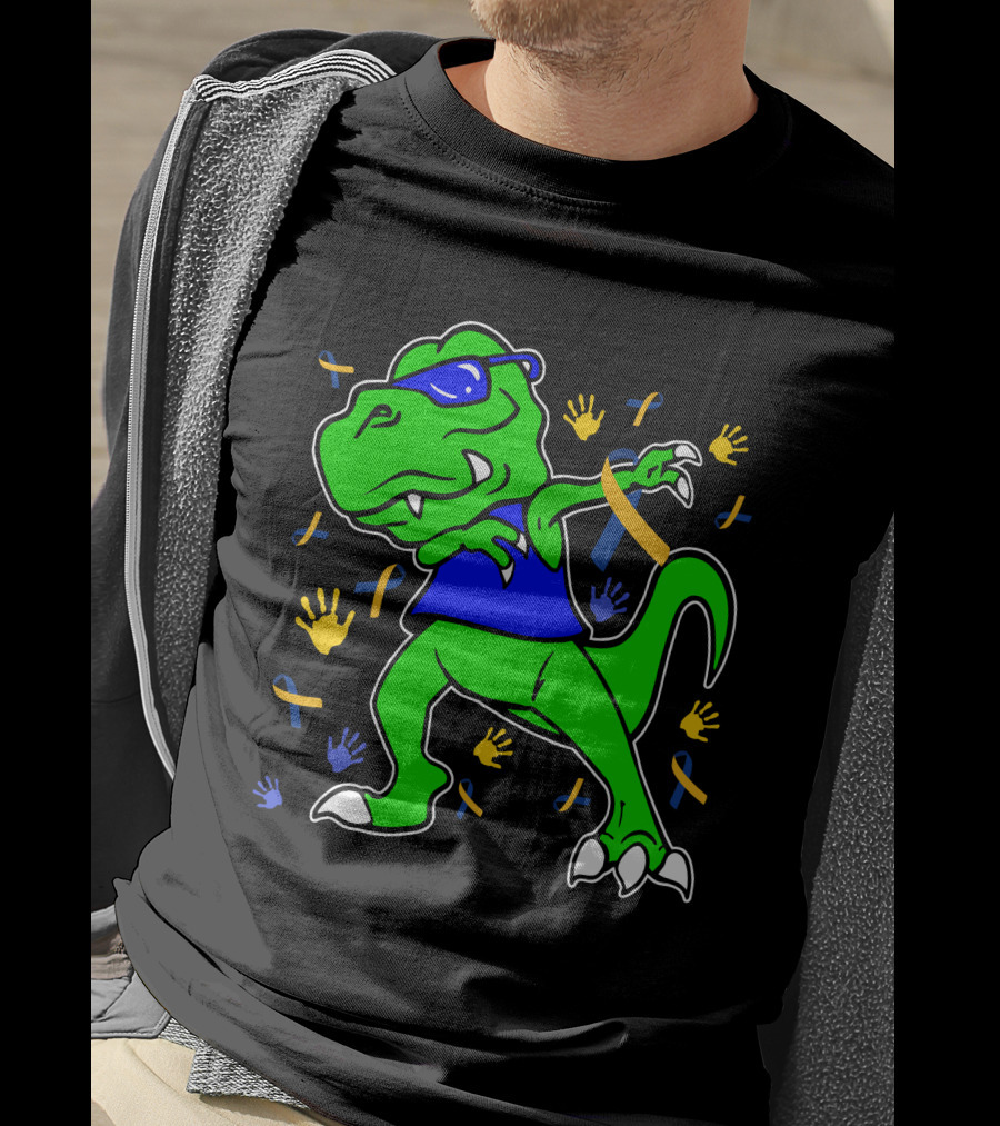 Dabbing Dinosaur With Sunglasses And Autism Awareness Ribbons And Handprints T-Shirt