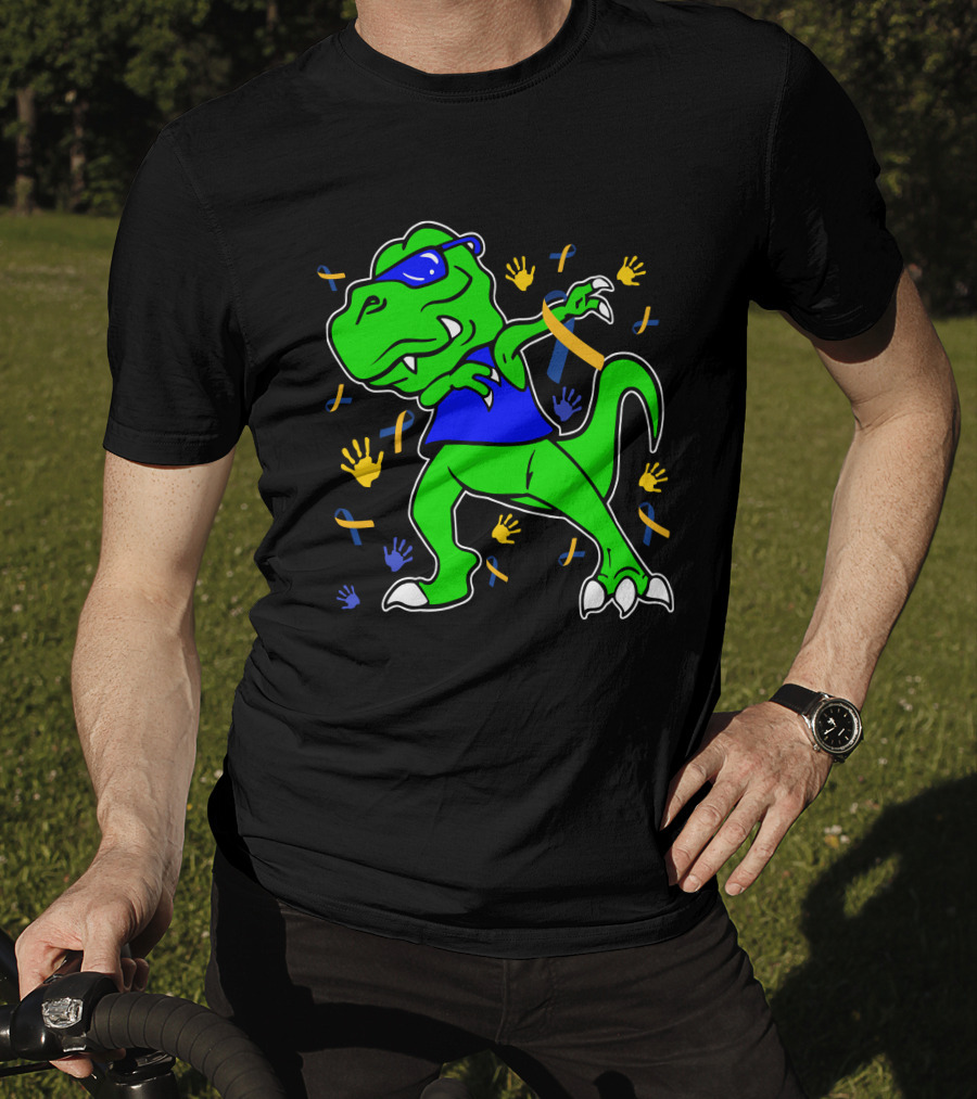 Dabbing Dinosaur With Sunglasses And Autism Awareness Ribbons And Handprints T-Shirt