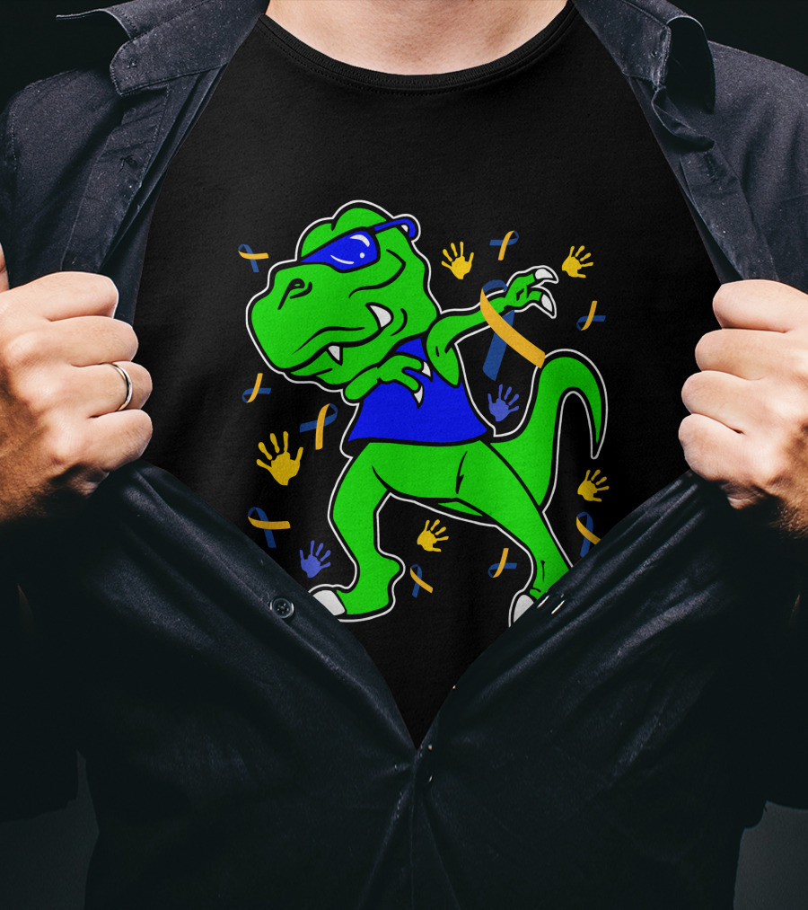 Dabbing Dinosaur With Sunglasses And Autism Awareness Ribbons And Handprints T-Shirt