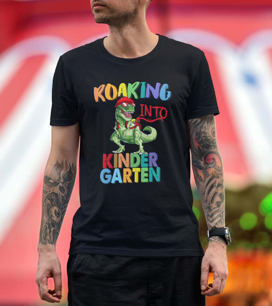 Roaring Into Kinder Garten Dinosaur With Red Cap And Backpack T-Shirt
