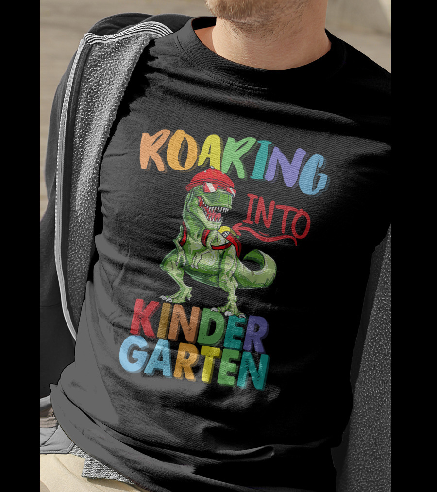 Roaring Into Kinder Garten Dinosaur With Red Cap And Backpack T-Shirt