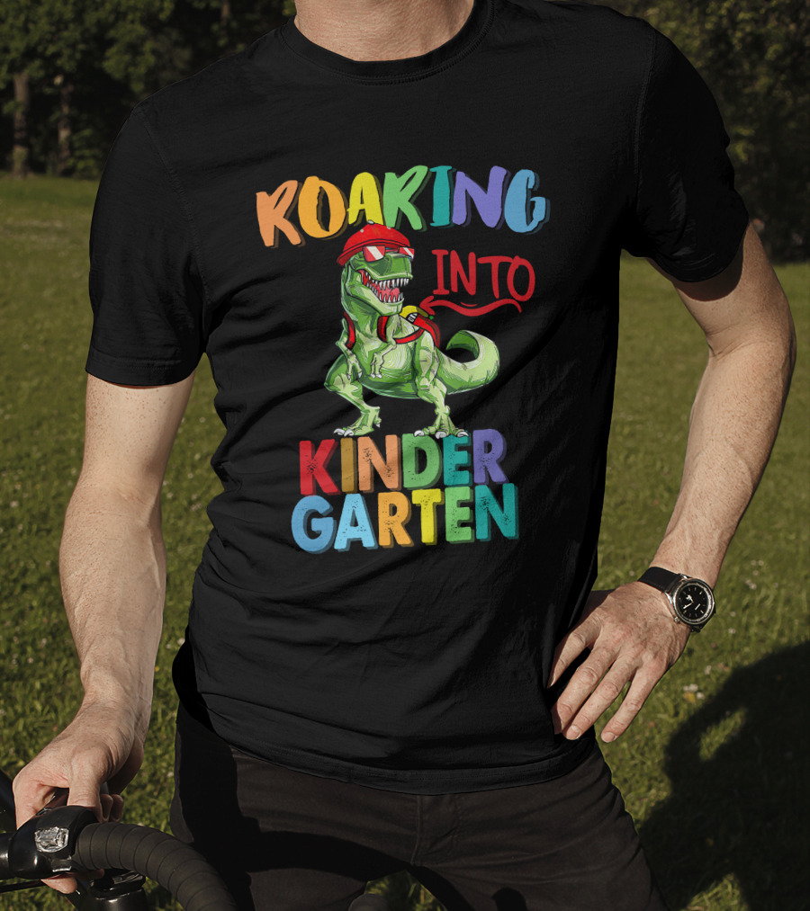 Roaring Into Kinder Garten Dinosaur With Red Cap And Backpack T-Shirt