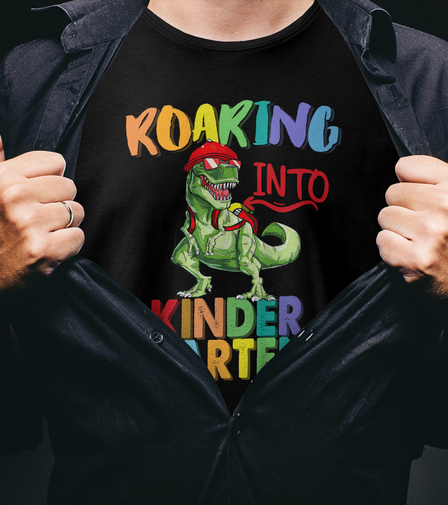 Roaring Into Kinder Garten Dinosaur With Red Cap And Backpack T-Shirt