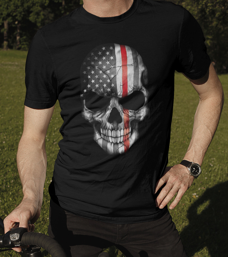 American Flag Thin Red Line Skull T-Shirt