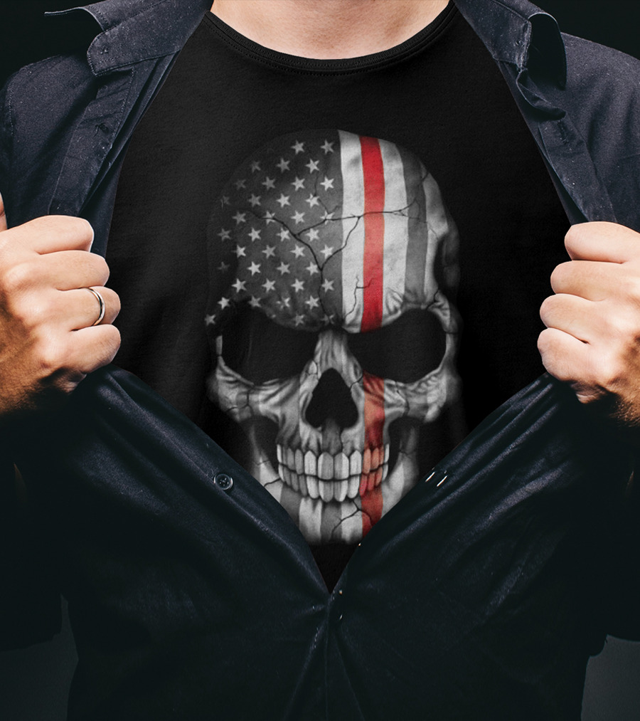American Flag Thin Red Line Skull T-Shirt