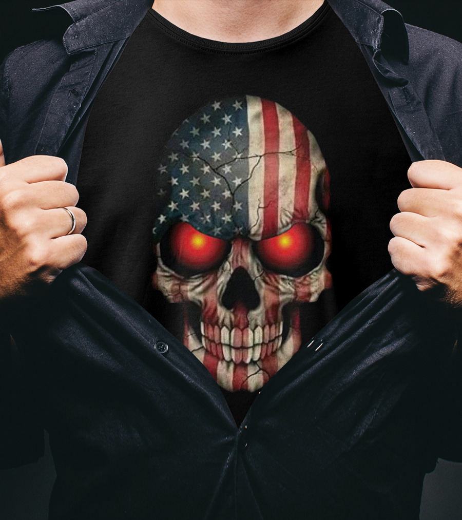 Stars And Stripes Skull With Glowing Eyes T-Shirt