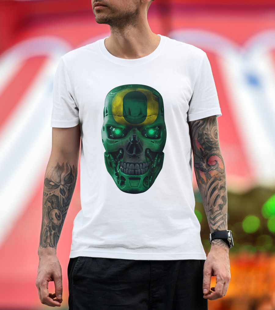 Oregon Ducks Skull Robot Green Neon Eyes T-Shirt