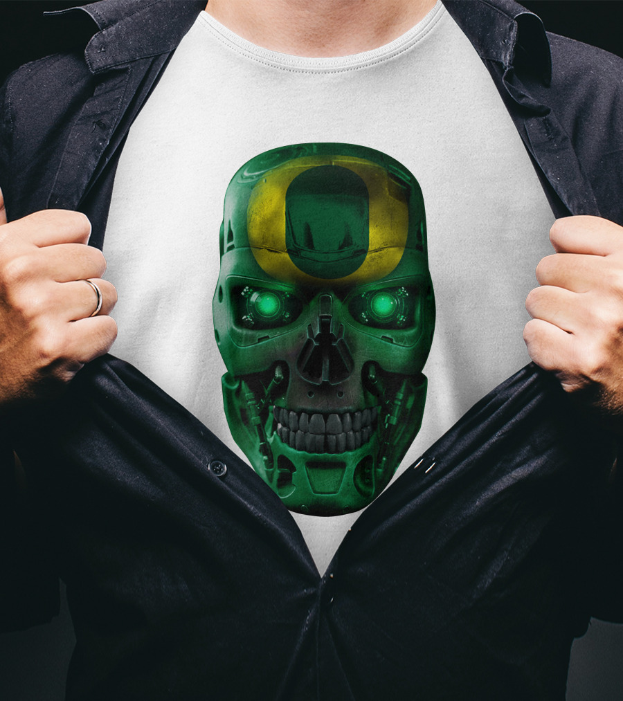 Oregon Ducks Skull Robot Green Neon Eyes T-Shirt