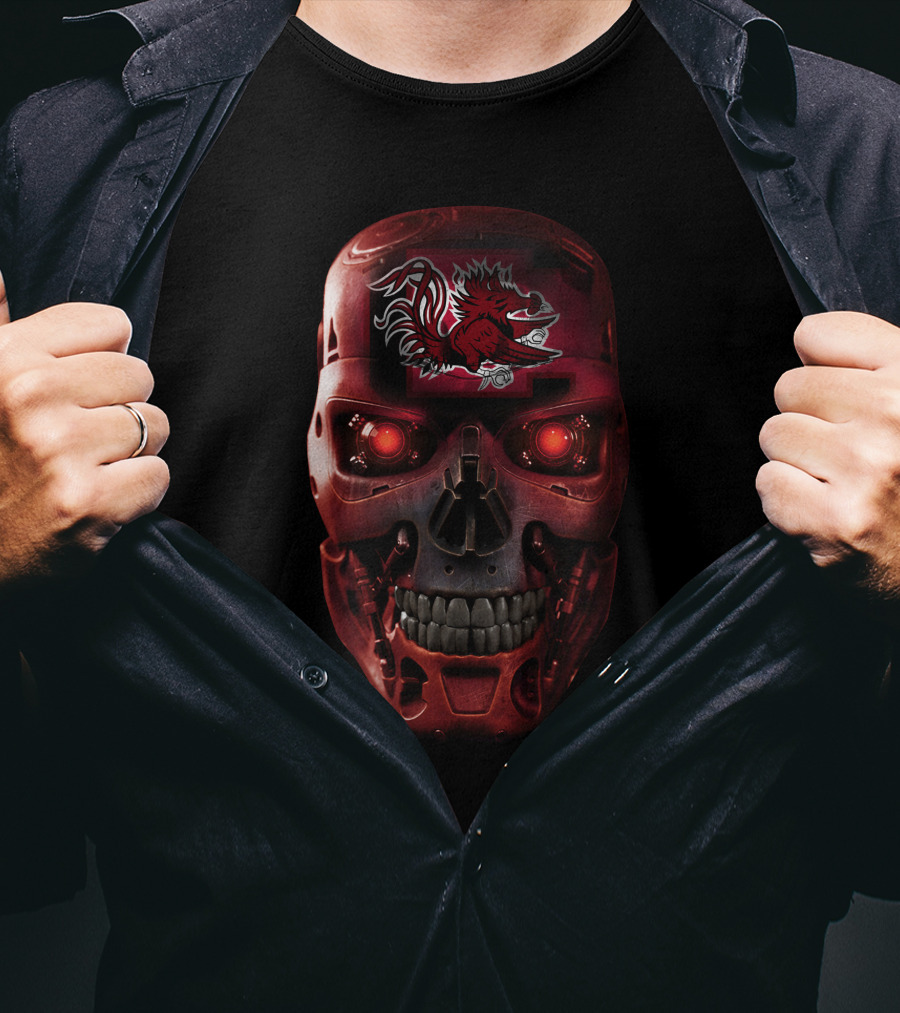 Skull Gamecocks Red Robotic Terminator Face With South Carolina Gamecock T-Shirt