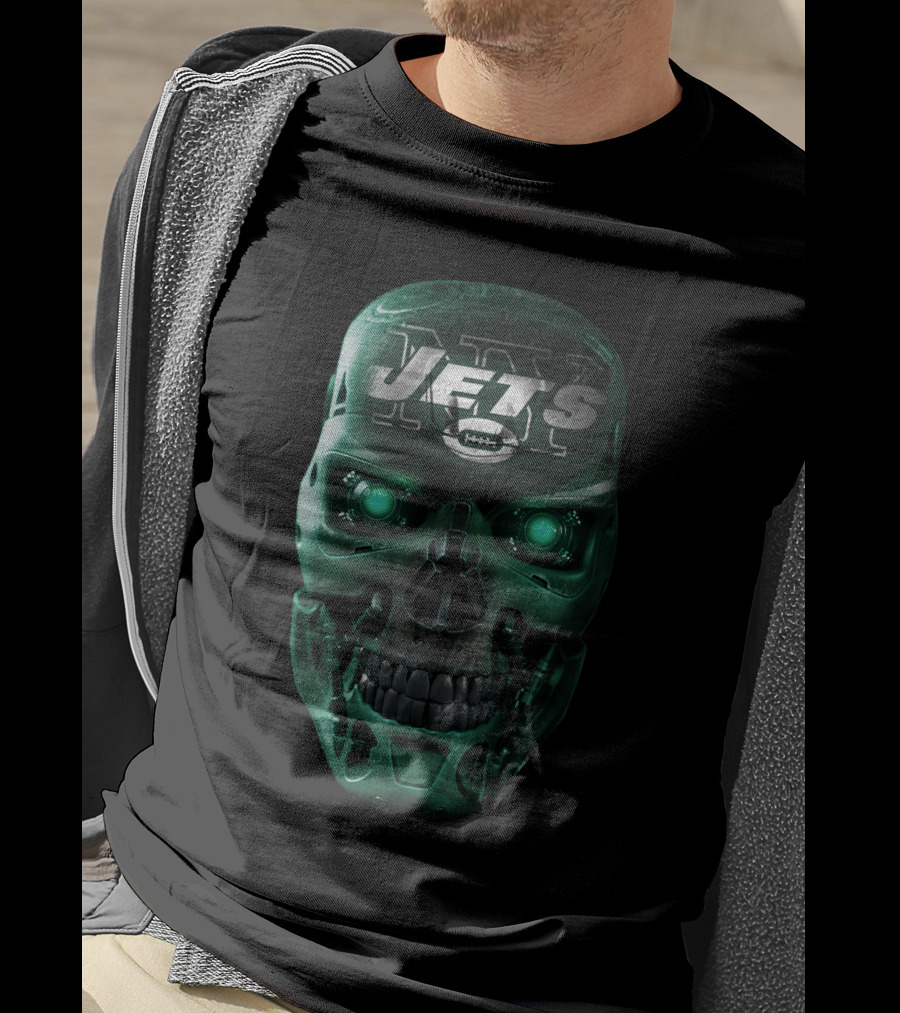 Green Robotic Skull Jets Football T-Shirt