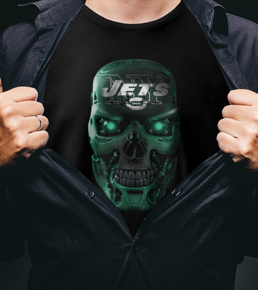 Green Robotic Skull Jets Football T-Shirt