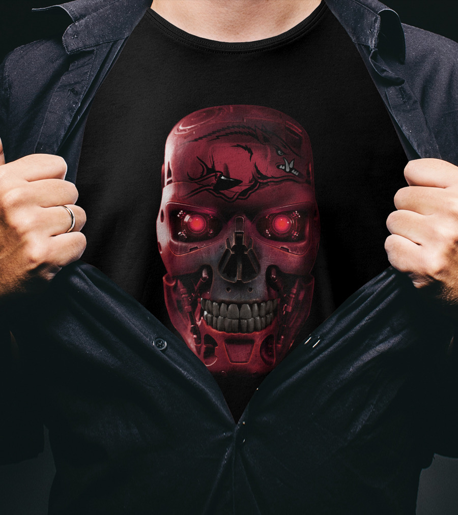 Skull Razorbacks Terminator Red Robot Face T-Shirt